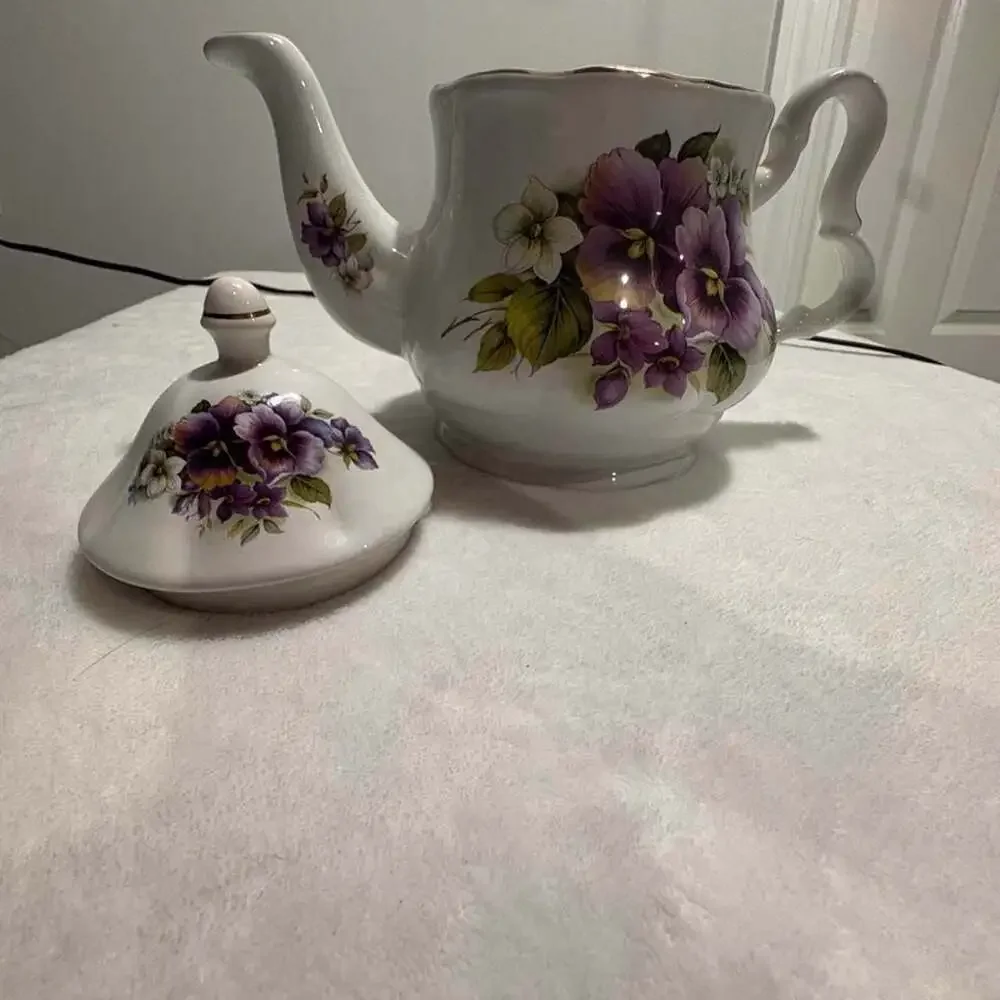 Royal Caldone English Porcelain Teapot with Purple Floral Pattern